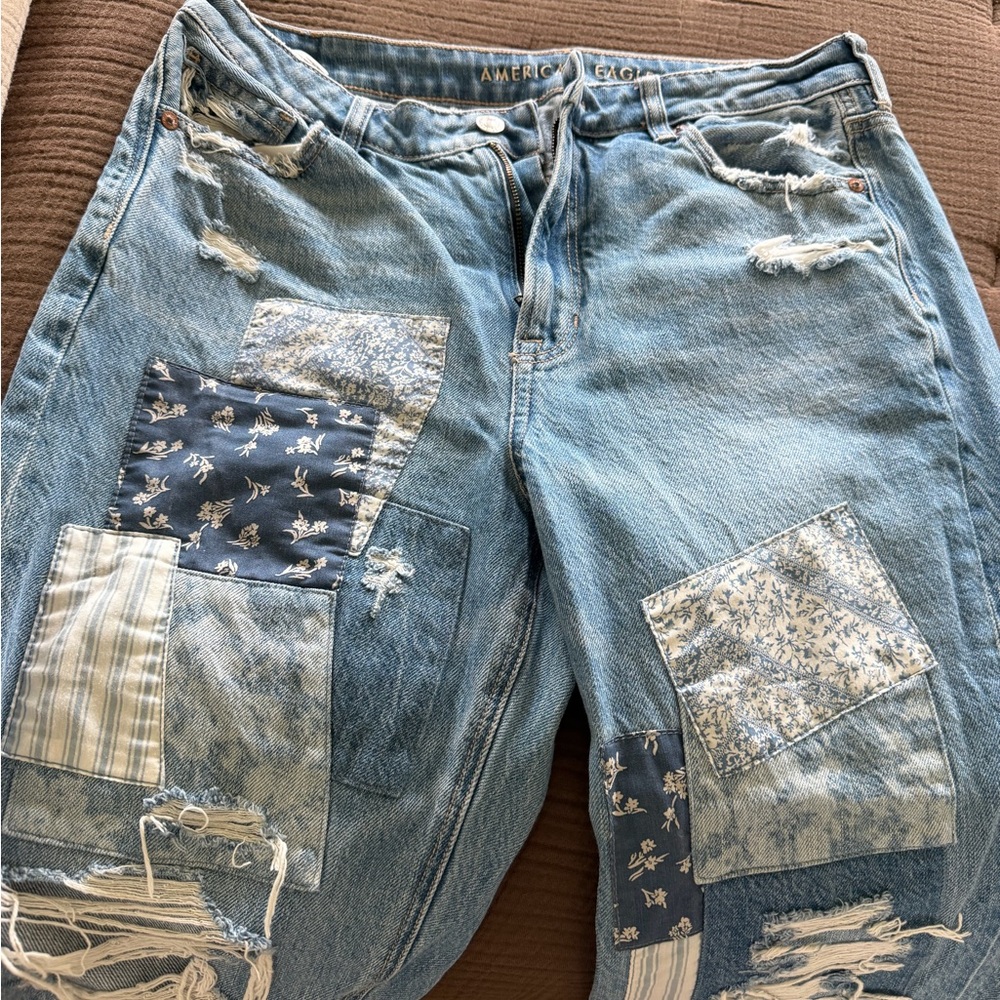 Light Blue Patchwork Distressed Jeans - Picture 2 of 4